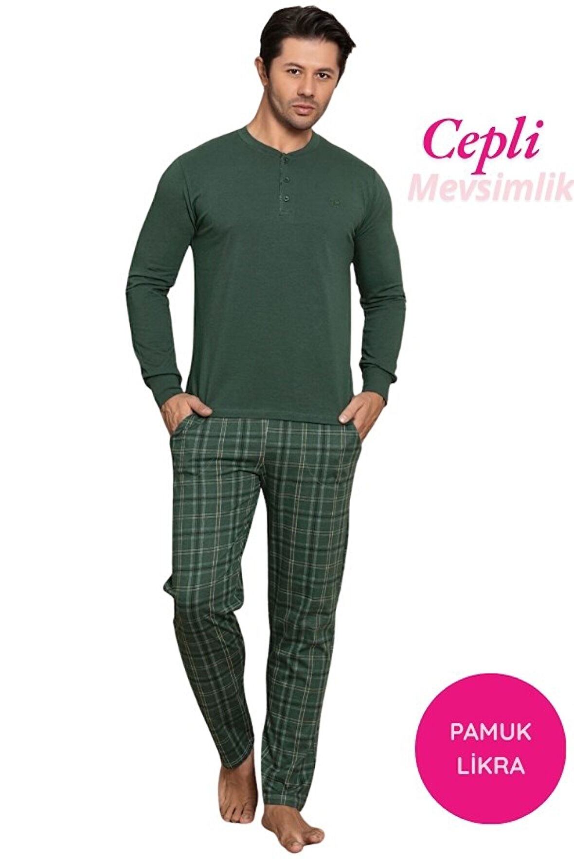 Erkek 3 Düğmeli Ekose Desen Pamuk Likra Mevsimlik Uzun Kol Manşetli Cepli Pijama Takımı