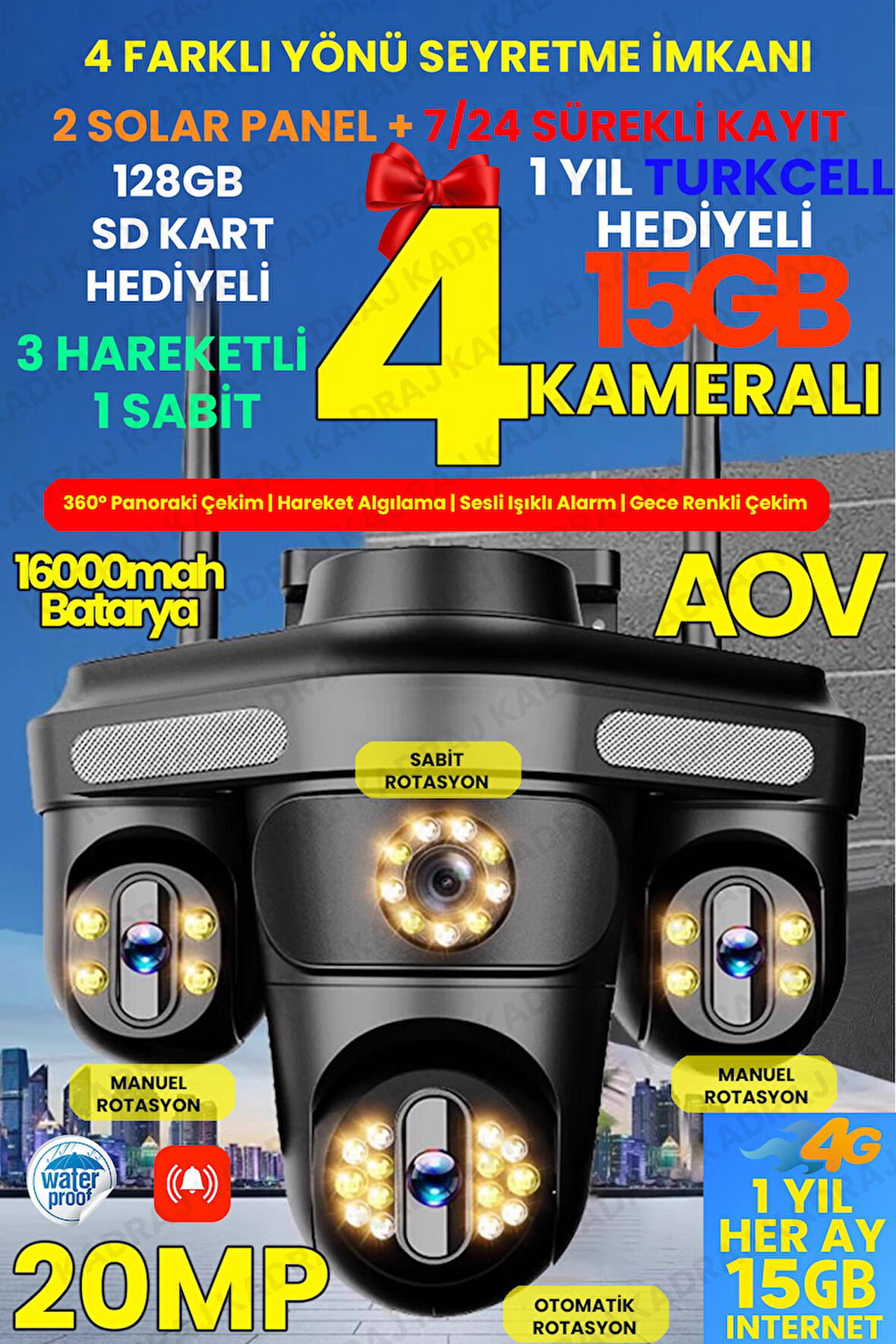 4 Kameraları 4G - eSim Solar Panelli, Her ay 15GB Turkcell 1 Yıl Hediyeli, 7/24 Kayıt Aov, Hareket A