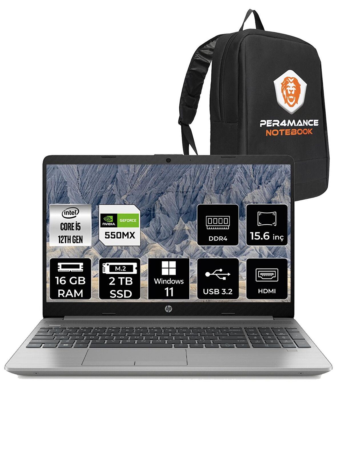 HP 250 G9 i5-1235U 16GB 2TB SSD MX550 15.6'' FHD W11 HOME 6Q8M7ES & PER4 ÇANTA