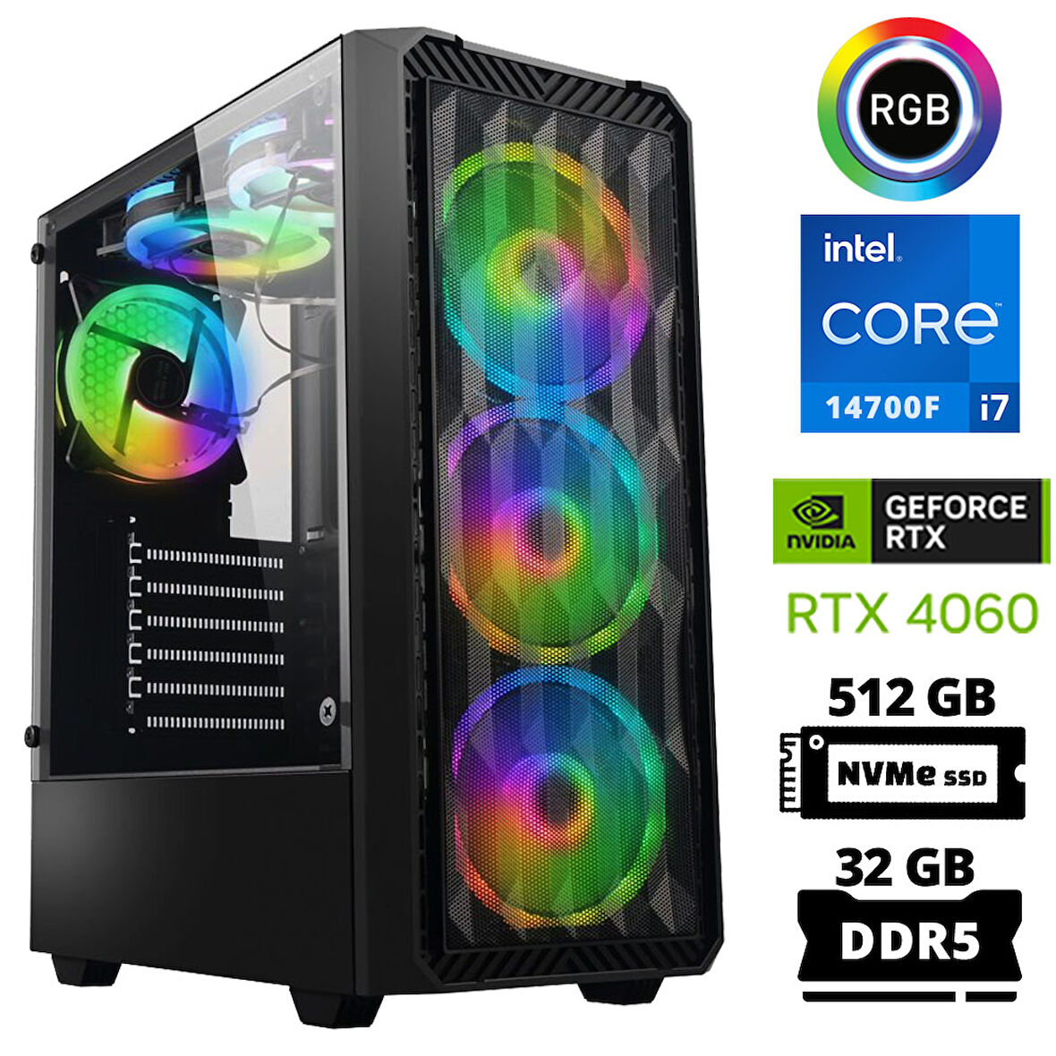 Xaser Delux X91 i7 14700F 32GB DDR5 Ram 512GB M.2 NVMe SSD 8GB RTX4060 Masaüstü Oyuncu Bilgisayarı