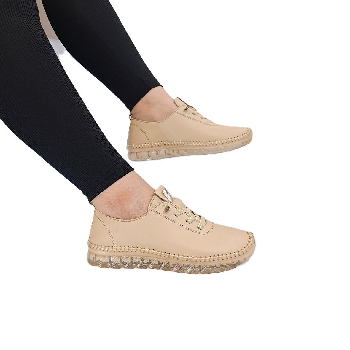 Voyager 9050 Bej Hakiki Deri Şeffaf Taban Kadın Ayakkabı