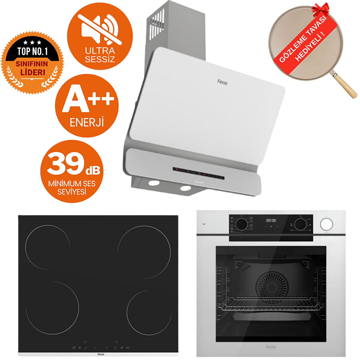 Ferre FryArt&Buharlı Livello Sessiz Davlumbaz Elektrikli Beyaz Ank. Set (D081-SA + MS261 + QEP64CB)