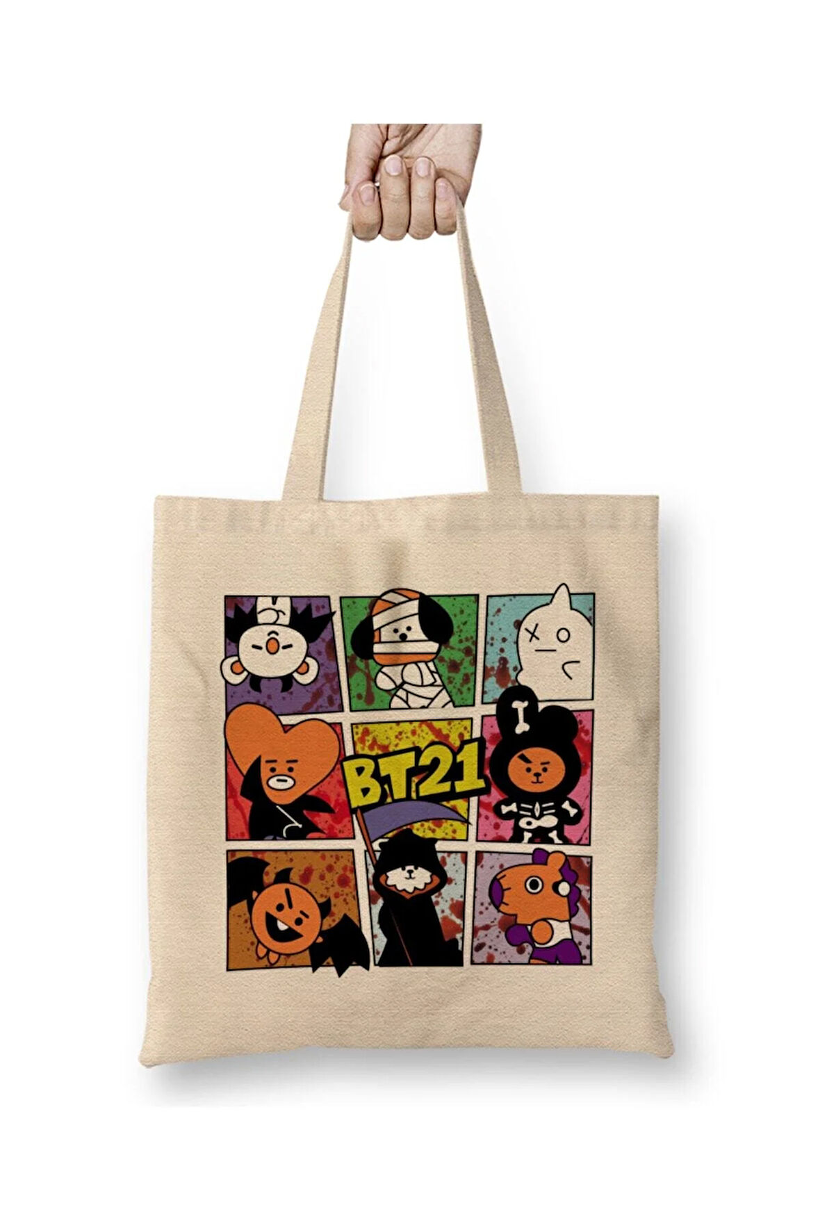 Bt21 Halloween Cadılar Bayramı BTS Beyaz Bez Çanta Uzun Saplı Alışveriş Çantası Plaj Çantası