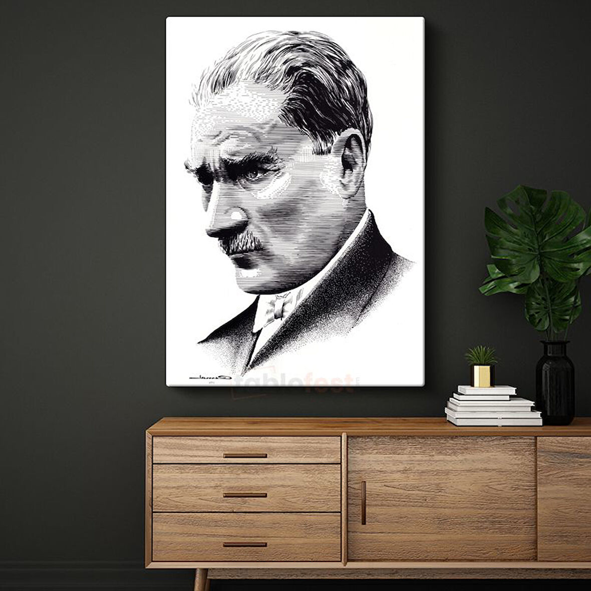Nokta Çizim Atatürk - Beyaz Fonda Profil Kanvas Tablo