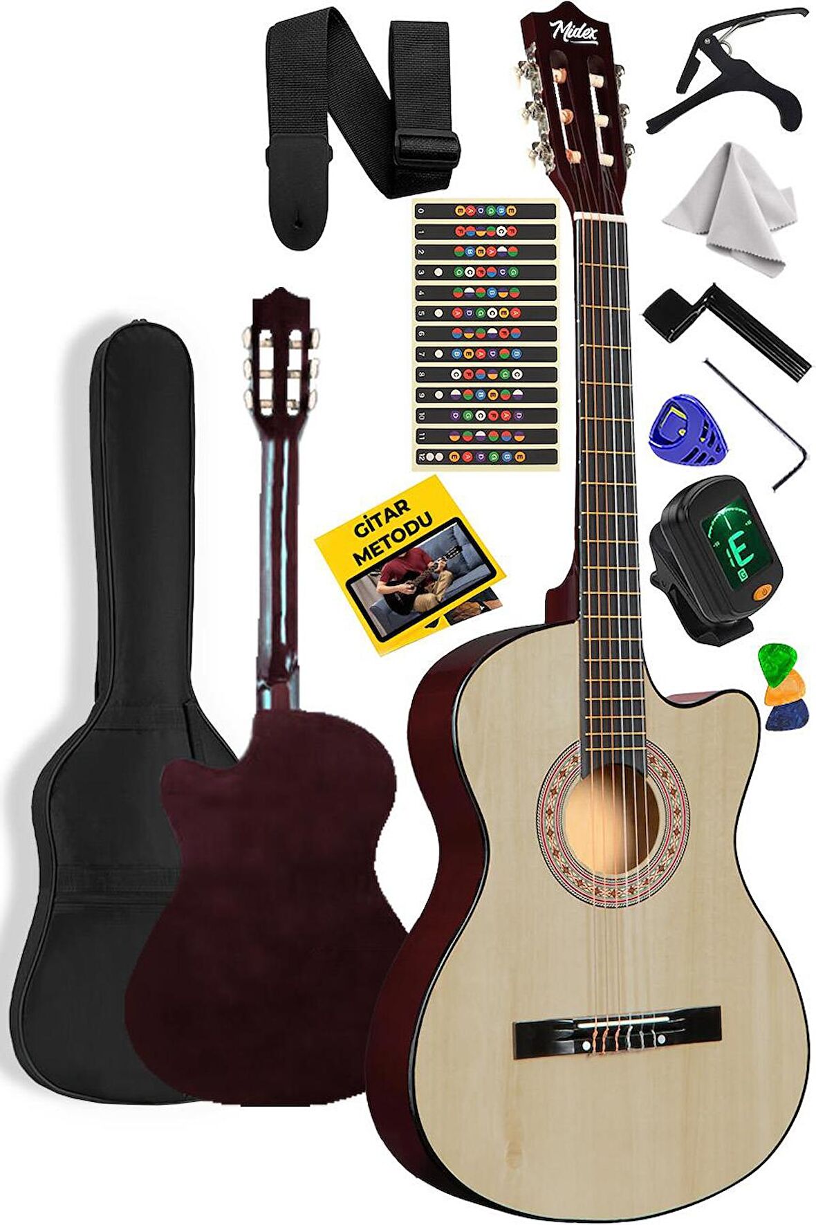 Midex CG-395NT Natural Renk Kesik Klasik Gitar 4/4 Yetişkin Boy Sap Ayarlı Full Set