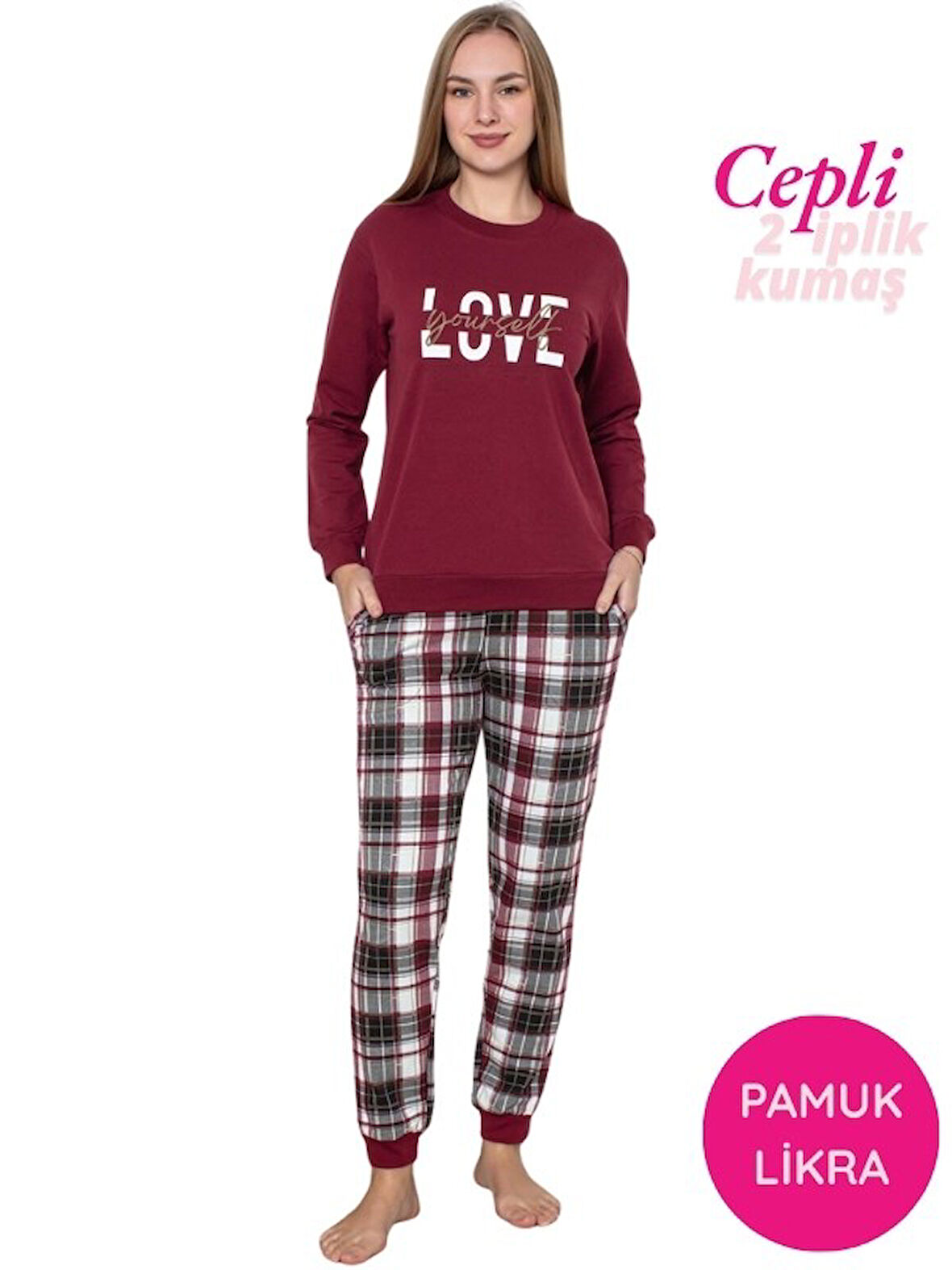 Kadın Bisiklet Yaka Bilek Manşet/Lastikli 2 İplik Pamuk Cepli Kışlık Jogger Eşofman Pijama Takımı