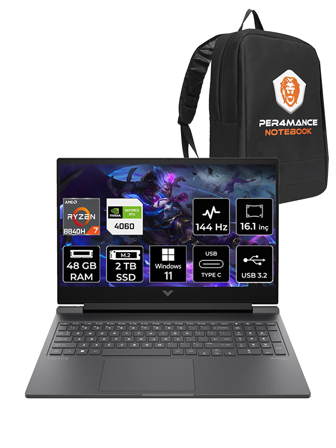 HP Victus 16 R7 8845HS 48GB 2TB SSD RTX4060/8GB 144Hz FHD 16.1'' W11P Gaming Laptop & PER4 ÇANTA