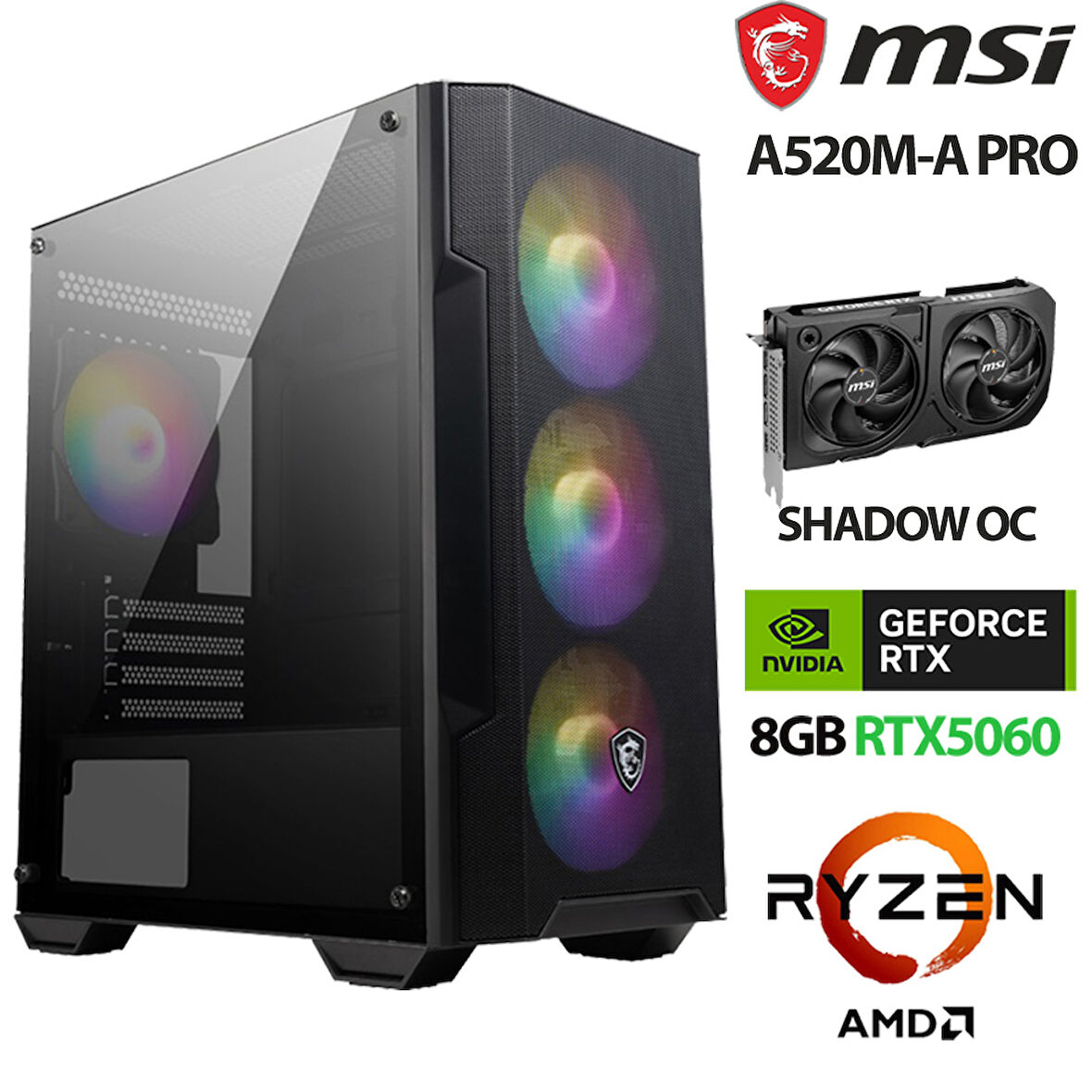 MSI Force X4 Ryzen 7 5700X 32GB Ram 1TB M.2 NVMe SSD 8GB RTX5060 Masaüstü Oyuncu Hazır Sistem