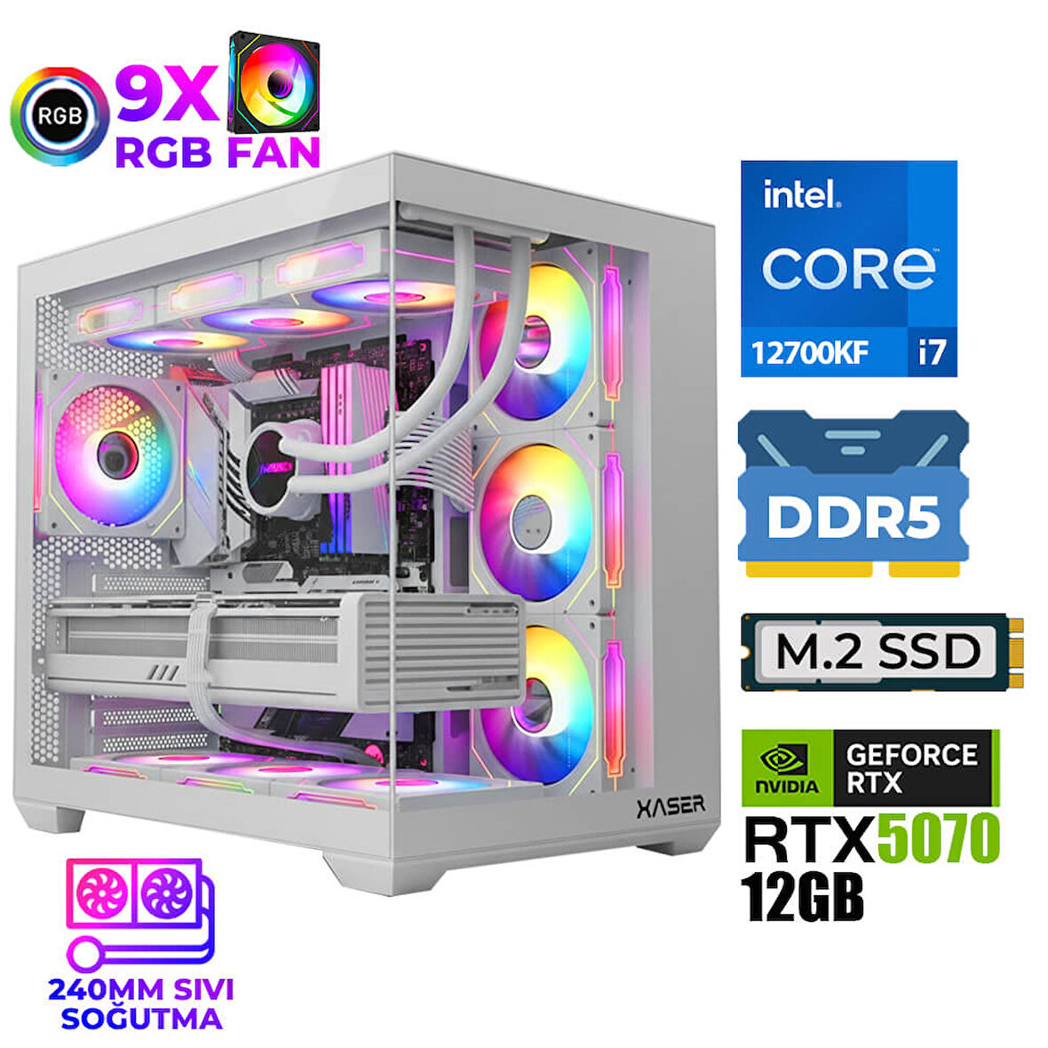 Xaser Master x8 i7 12700KF 32GB DDR5 Ram 1TB M.2 NVMe SSD 12GB RTX5070 Sıvı Soğutmalı Oyuncu Bilgisayarı