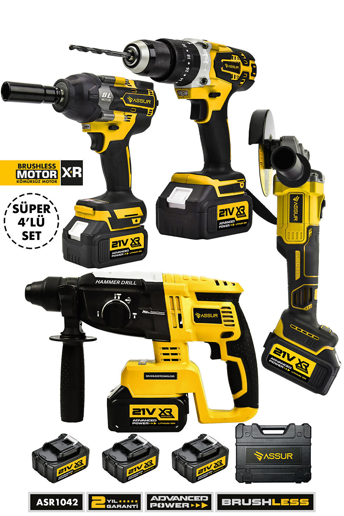 Assur 4 lü Set Şarjlı Kömürsüz Motor Matkap Vidalama-Kırıcı Delici Hilti-Taşlama-Somun Sökme Makinesi