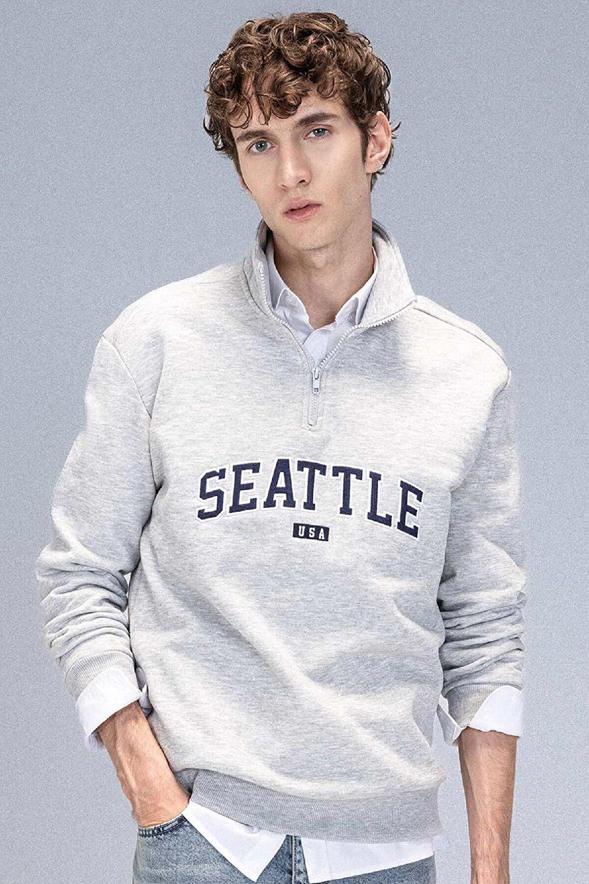 Relax Fit Fermuarlı Dik Yaka Baskılı Kalın Sweatshirt Kumaşı Sweatshirt