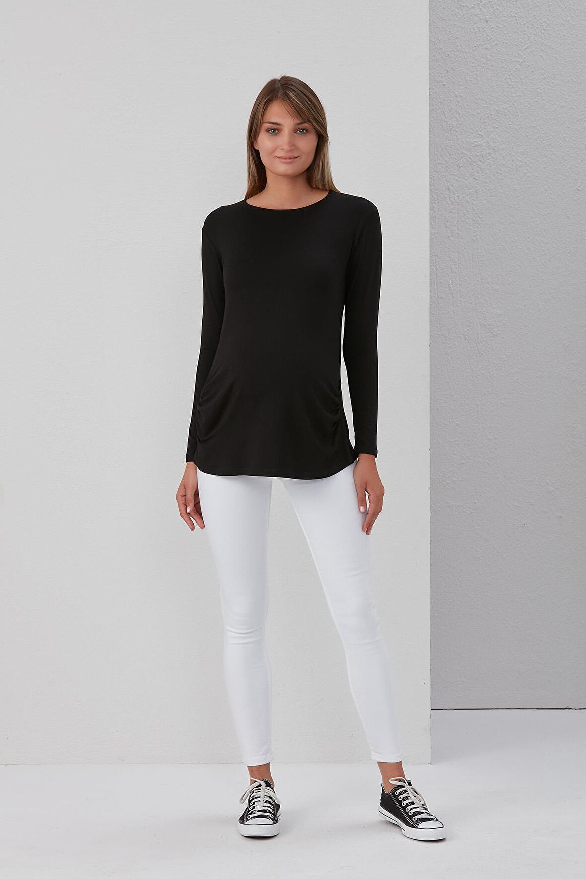 IŞŞIL 0362-Viskon Körüklü Düz Hamile Uzun Kol T-Shirt Siyah-S