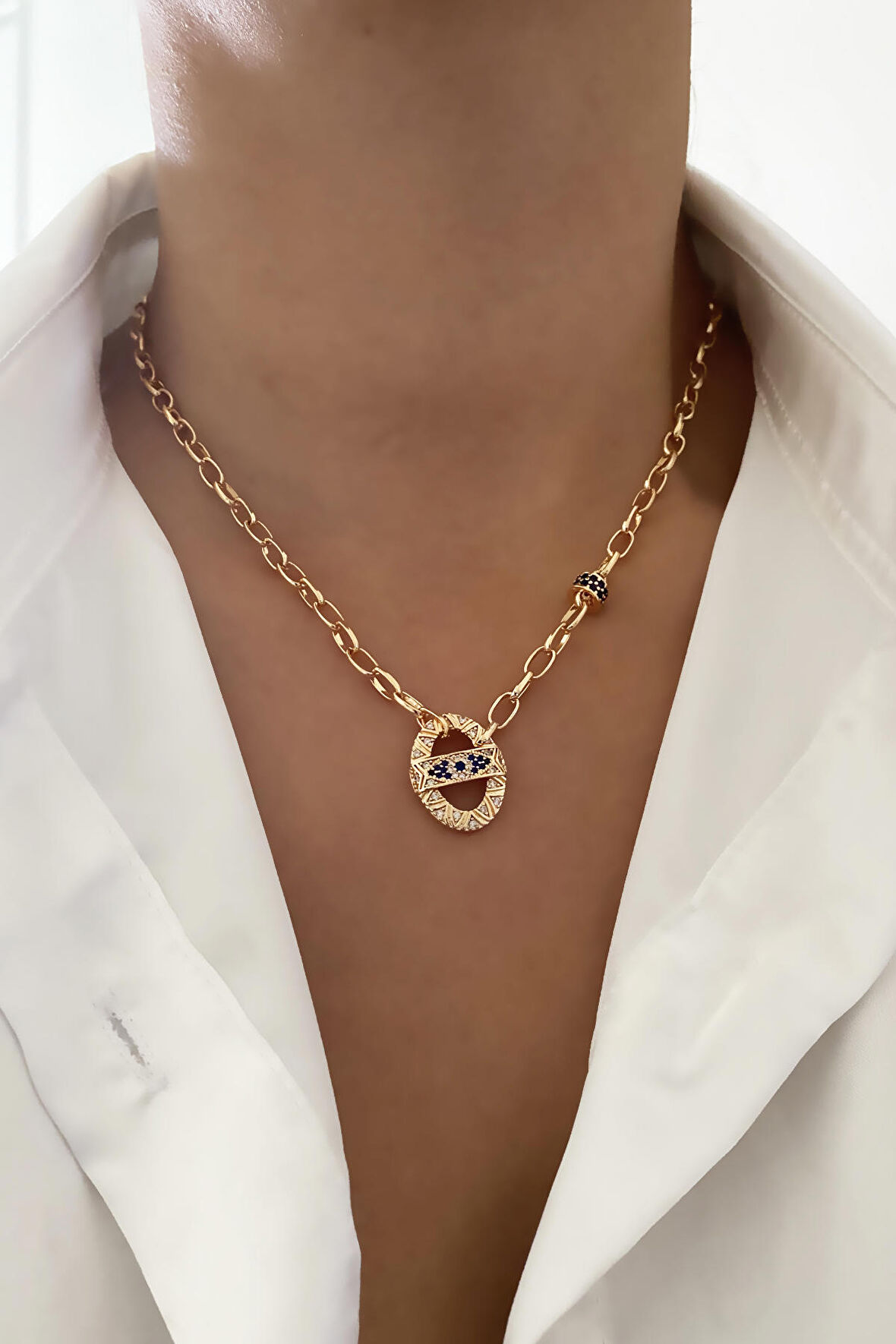 Göz Detay Zirkon Taşlı Gold Kolye