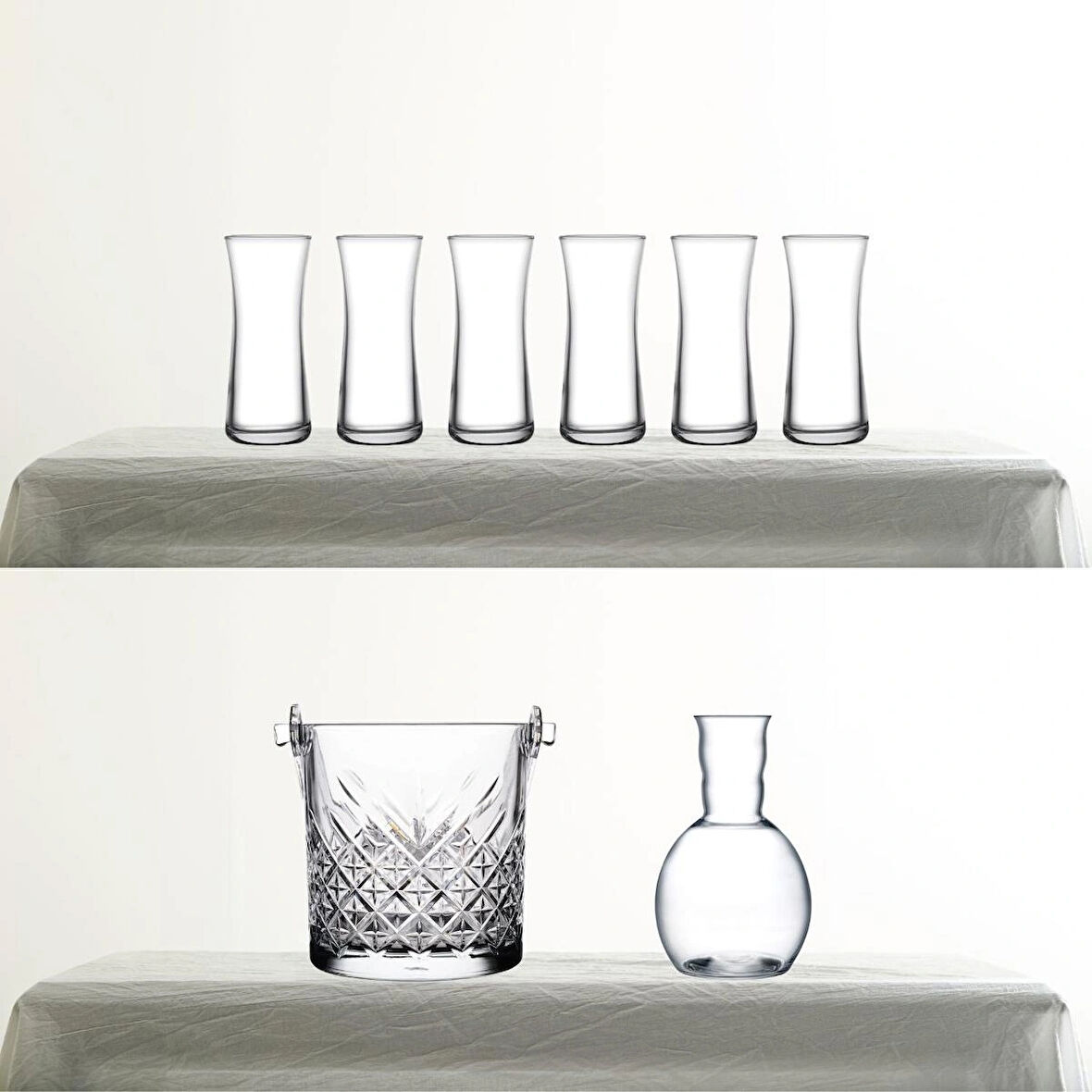 Paşabahçe Heybeli Rakı Bardağı, Nude Kristal Karaf ve Timeless Buz Kovası 8 Parça Rakı Seti