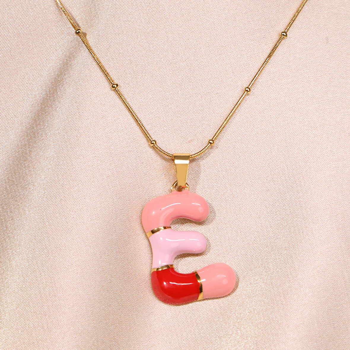 Çelik Kadın Kolye, Gold Renk Harf Kolye, Mini Boncuk Detaylı, No:97A