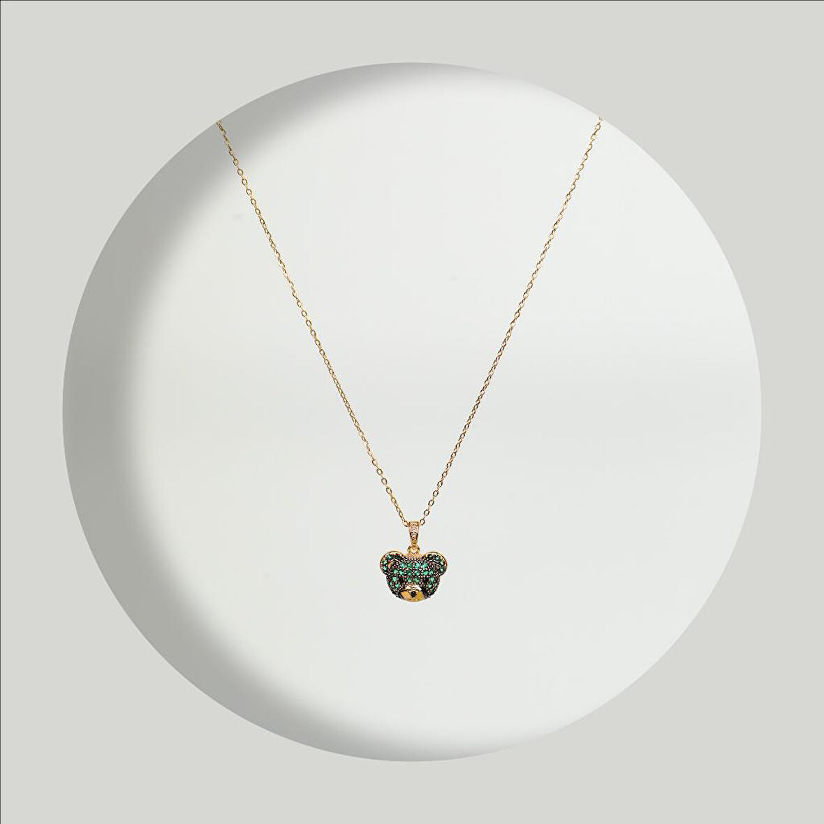 Çelik Kadın Kolye, Yeşil Ayıcık Model, Gold Renk, No:179