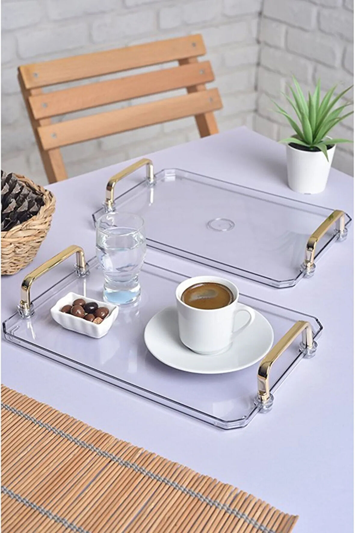 Gold Kulplu Türk Kahvesi Sunum Tepsisi | 2'li Şık Set 25x17cm