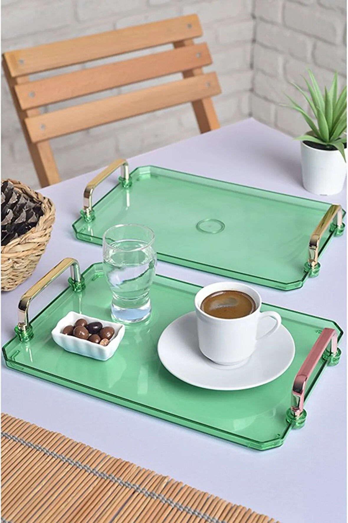 Gold Kulplu Türk Kahvesi Sunum Tepsisi | 2'li Şık Set 25x17cm