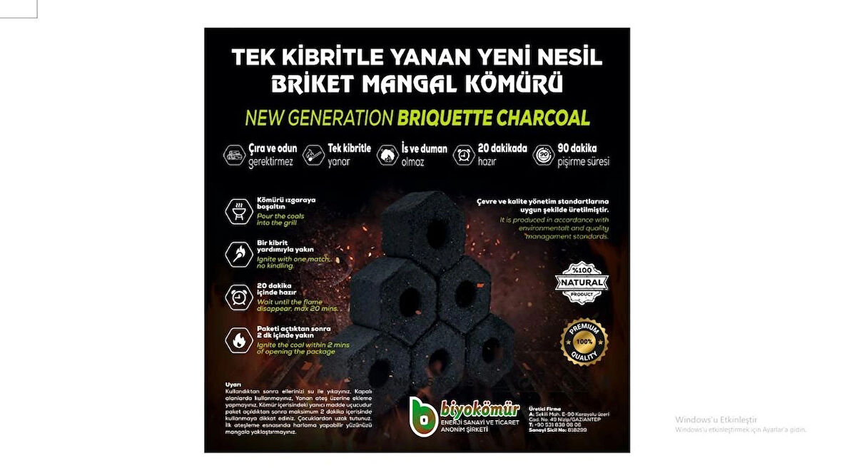 Biochar Tek Kibritle Yanan Yeni Nesil Briket Mangal Kömürü Koku ve İs Yok