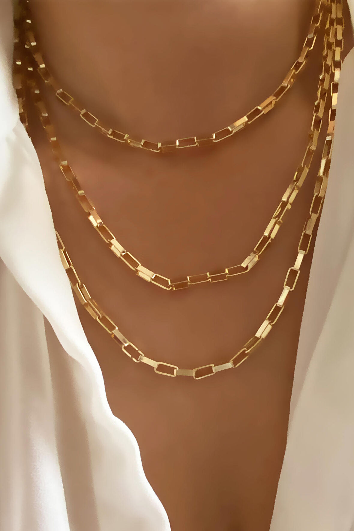 Üç Sıralı Geometrik Zincir Gold Kolye