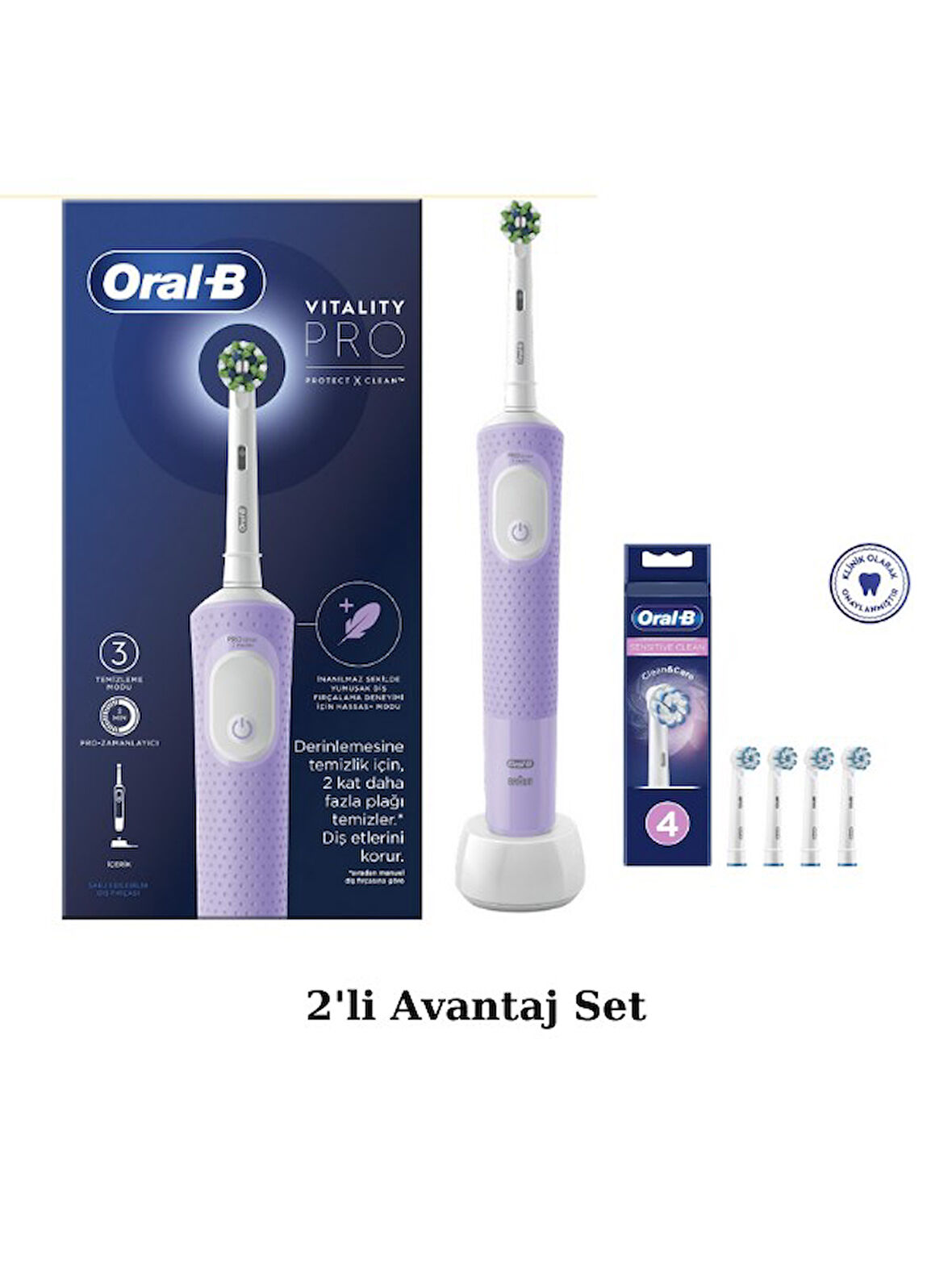 Oral-B D103 Vitality Pro Şarjlı Elektrikli Diş Fırçası, Lila - Sensitive Clean, Yumuşak 4'lü Yedek B