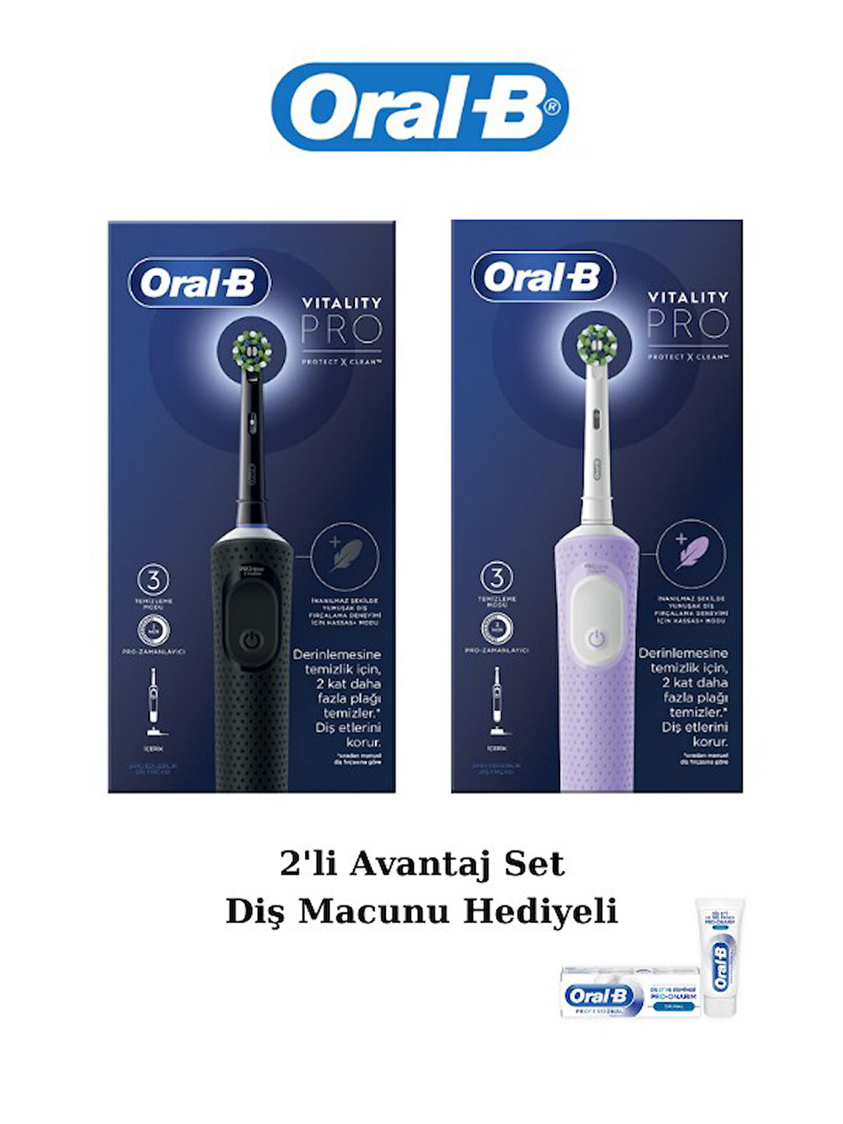 Oral-B D103 Vitality Pro Cross Action Şarjlı Elektrikli Diş Fırçası Siyah-Lila, Diş Macunu 50ml Avan