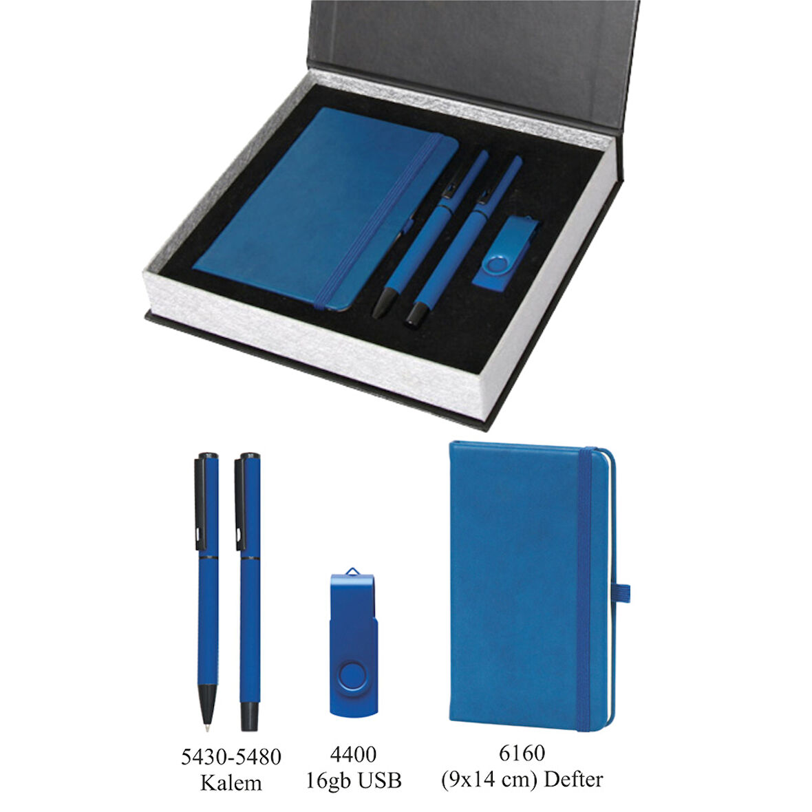 VIP Hediyelik Set - Defter, Kalem ve USB Bellek - (3’lü Kurumsal Hediye Seti) - 4210 Lacivert