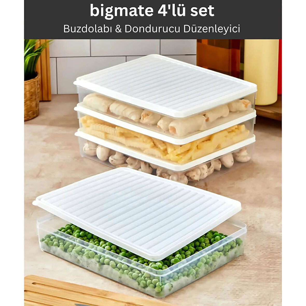 bigmate BGMT2525 4'lü Şeffaf Saklama Kabı 4x2,5 Lt Mikrodalga Buzdolabı ve Dondurucu Uyumlu Düzenleyici