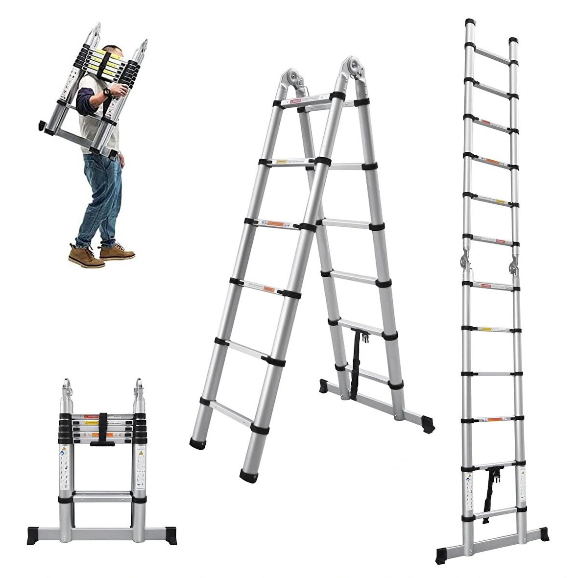 TENTTECH A tipi 3,2 mt Çift Yönlü Paslanmaz Teleskopik Merdiven 5+5 Basamaklı