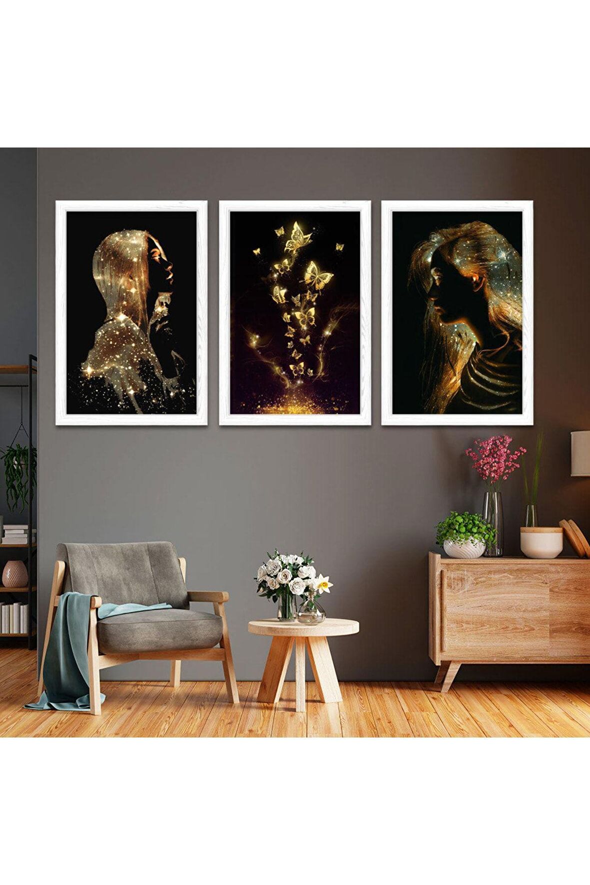 Gold Aynalı Pleksi Çerçeveli Beyaz Arka Planlı Mavi Modern Çiçek Mdf Tablo