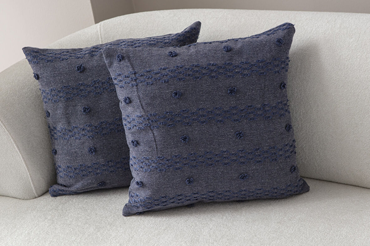 Geometrik Desenli İkili Punch İşlemeli Keten Kırlent Kılıfı 43x43cm, Dekoratif Kırlent Kılıfı