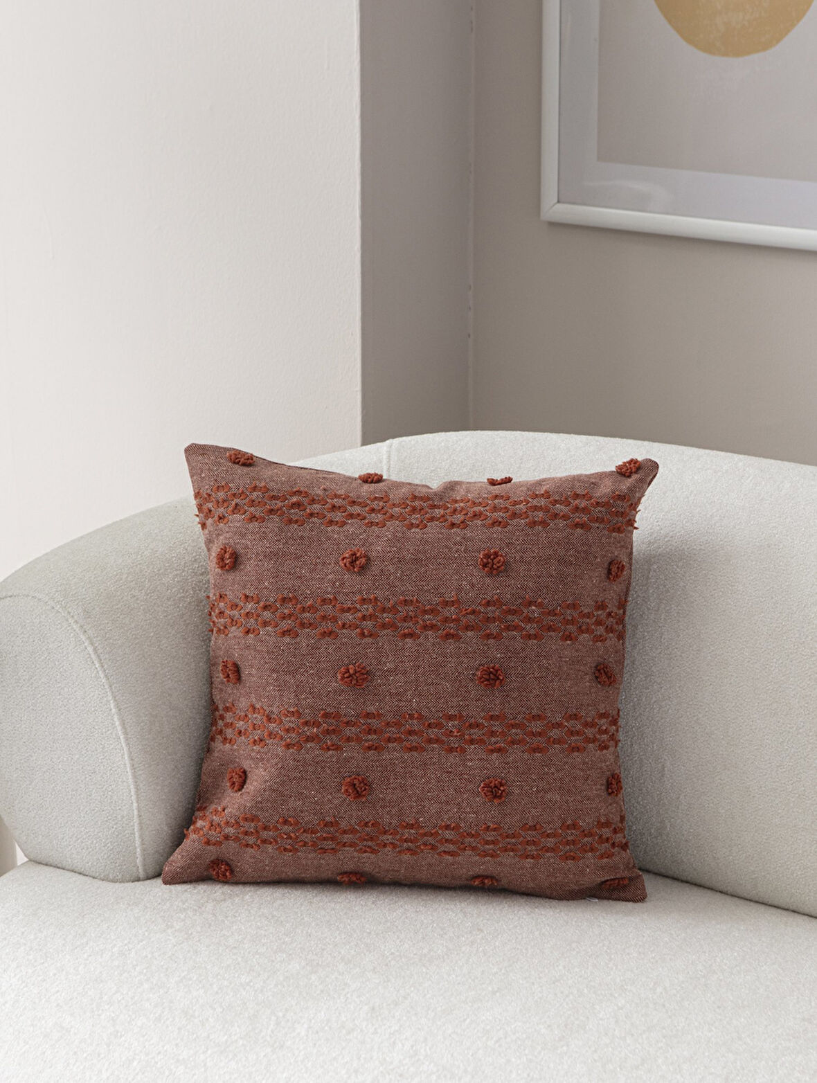 Geometrik Desenli İkili Punch İşlemeli Keten Kırlent Kılıfı 43x43cm, Dekoratif Kırlent Kılıfı