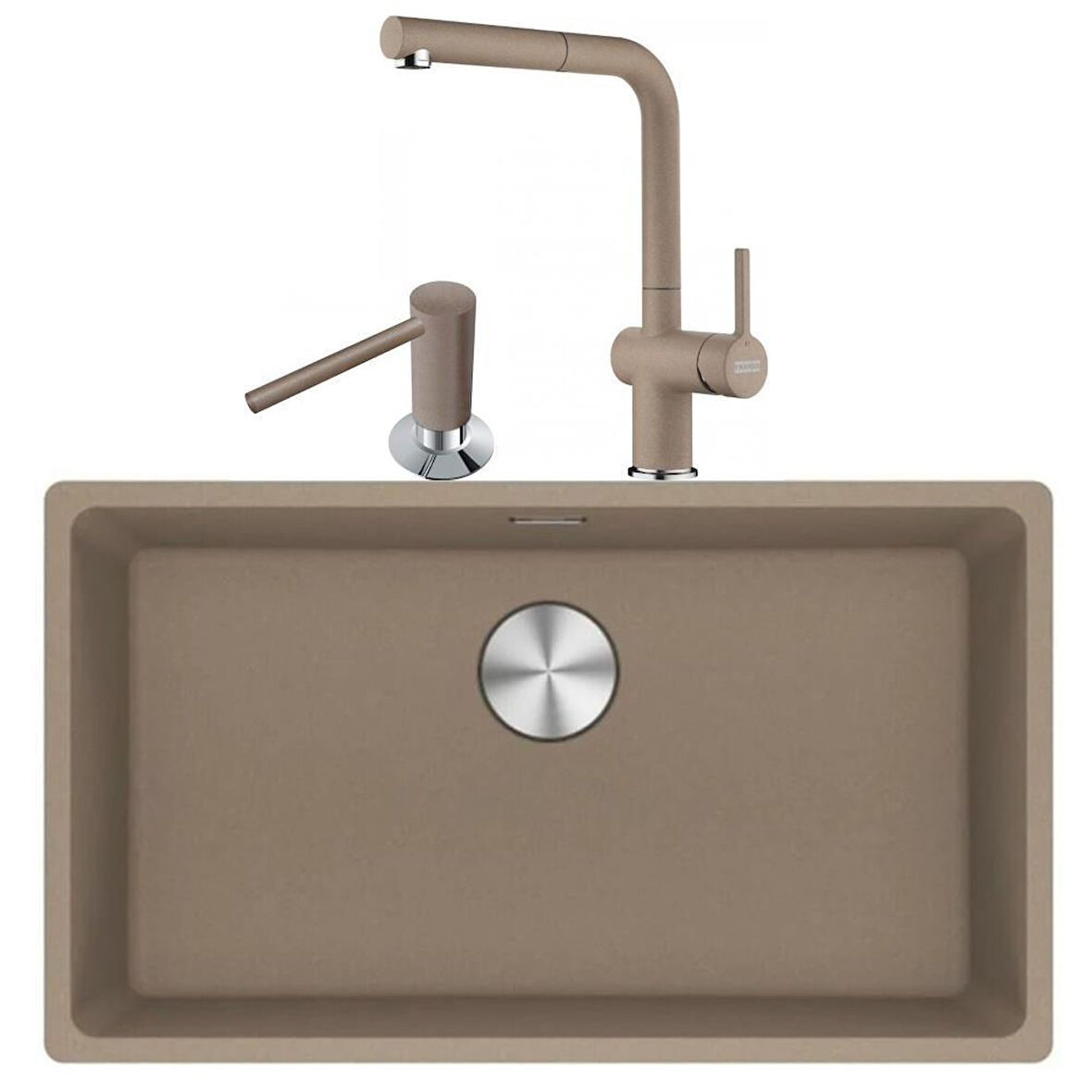 Franke Maris Mrg 210/110-72 Oyster Granit Eviye + Active Plus Doccia 2.0 Armatür + Comfort Sıvı Sabunluk Üçlü Set Oyster