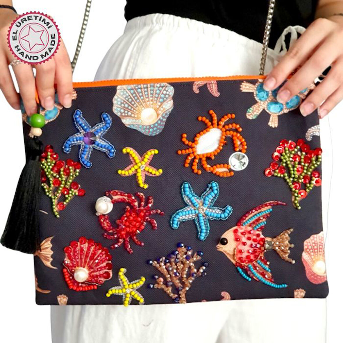 Uretti - Sümeyya 2589 7348 El Yapımı Deniz Canlıları Desenli Boncuk İşlemeli Clutch / Askılı Çanta