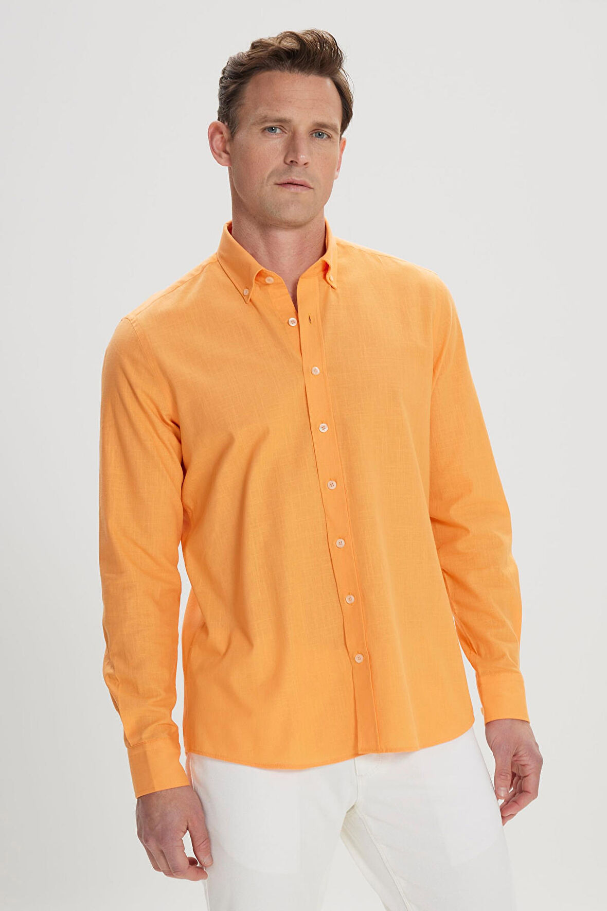 Erkek Turuncu Tailored Slim Fit Oxford Düğmeli Yaka Keten Görünümlü %100 Pamuk Flamlı Gömlek