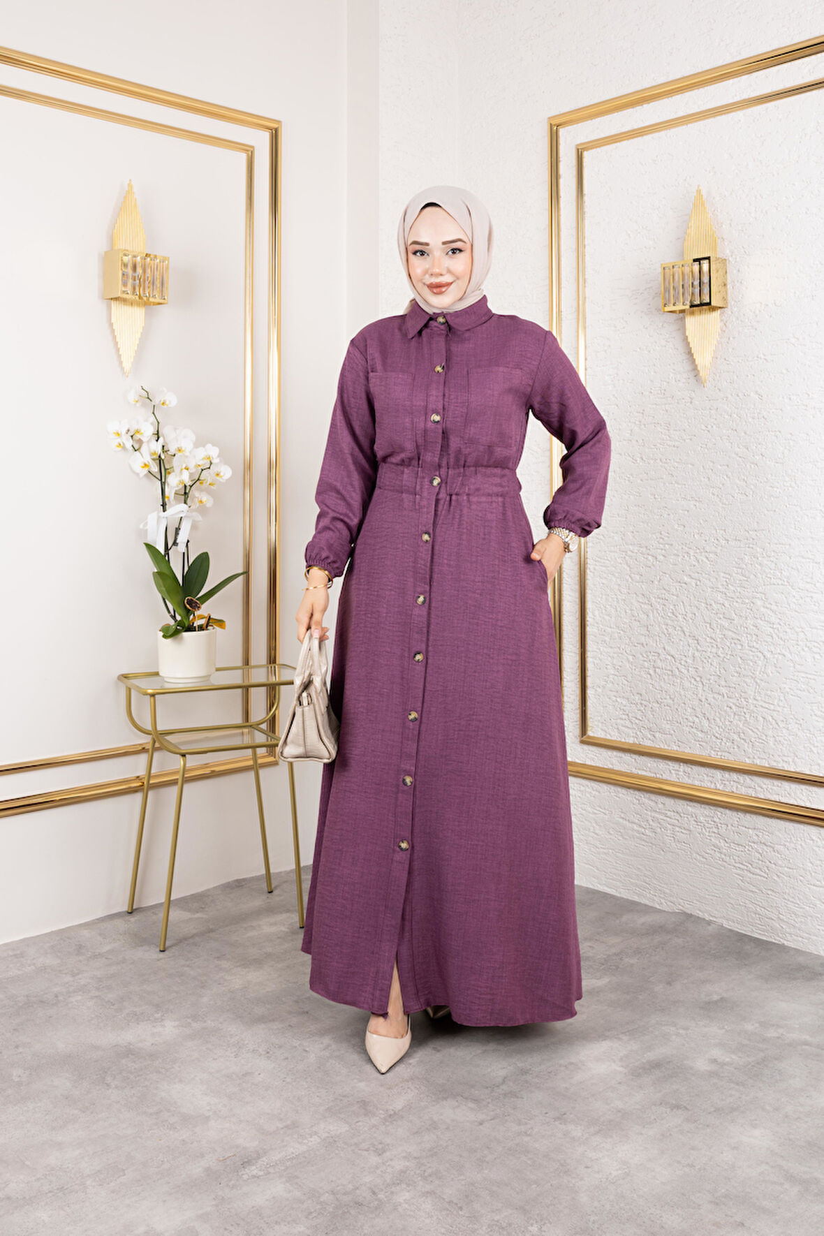 Kadın Cep Detaylı Düğmeli Bel Lastikli Mor Elbise