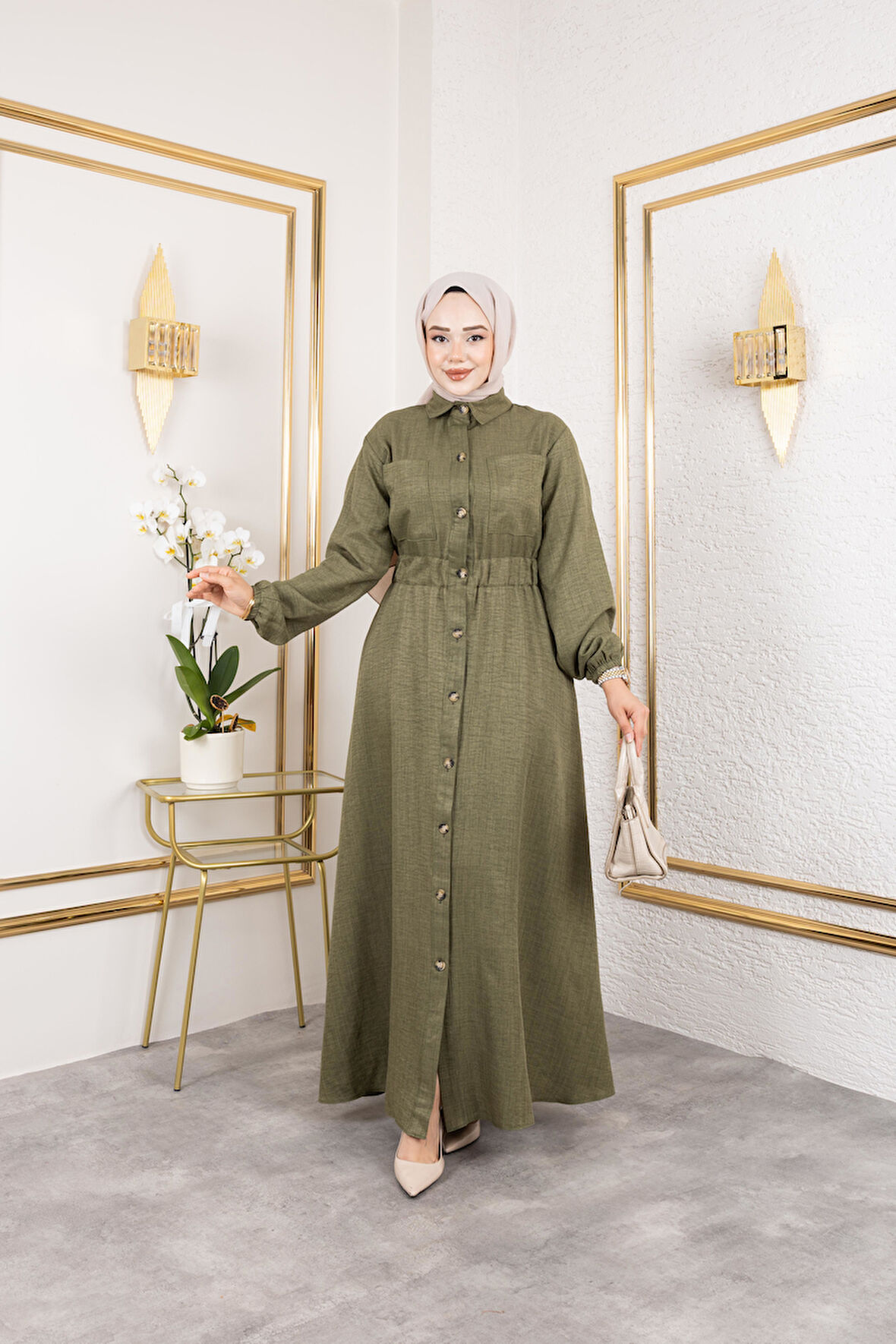 Kadın Cep Detaylı Düğmeli Bel Lastikli Haki Elbise