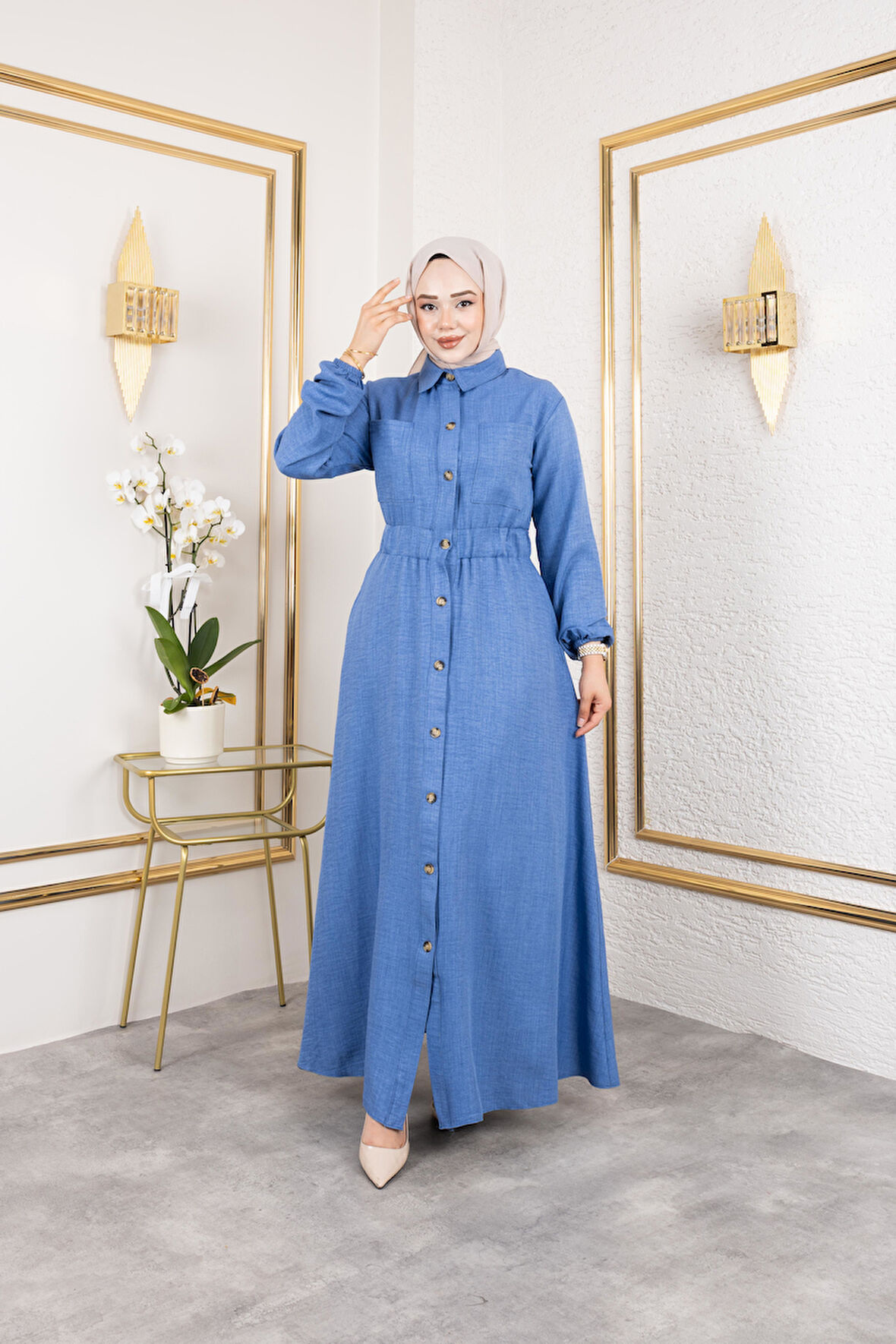 Kadın Cep Detaylı Düğmeli Bel Lastikli Mavi Elbise