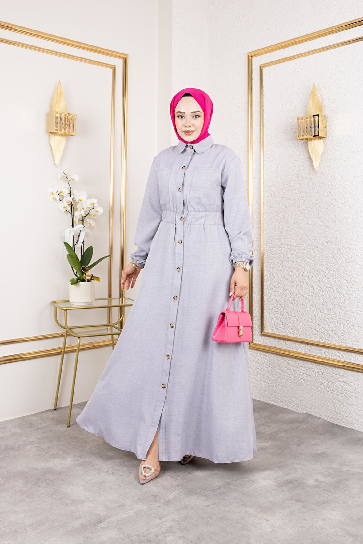 Kadın Cep Detaylı Düğmeli Bel Lastikli Gri Elbise