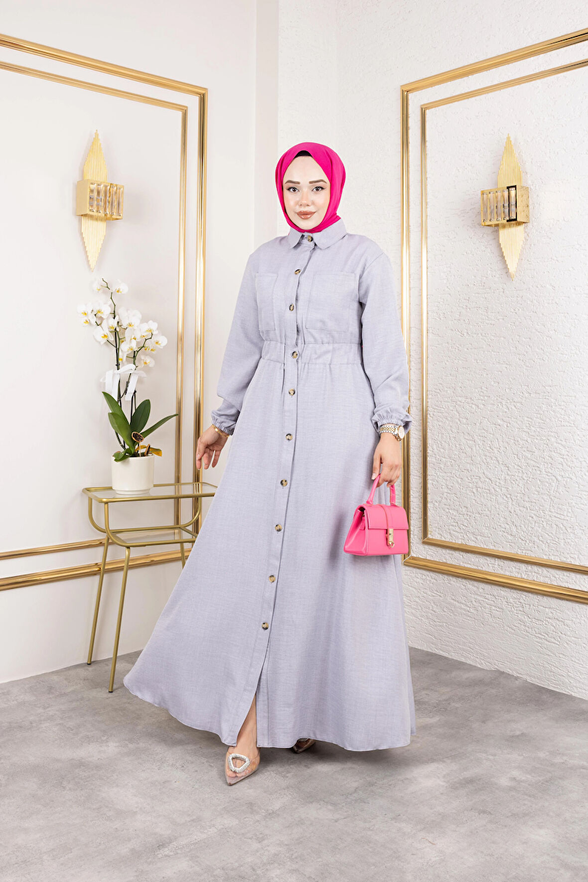 Kadın Cep Detaylı Düğmeli Bel Lastikli Gri Elbise