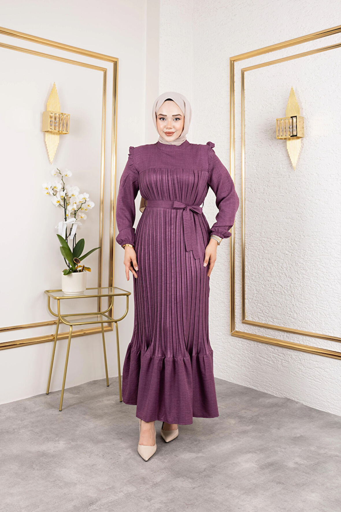 Kadın Fırfır Detaylı Kuşaklı Mor Keten Elbise