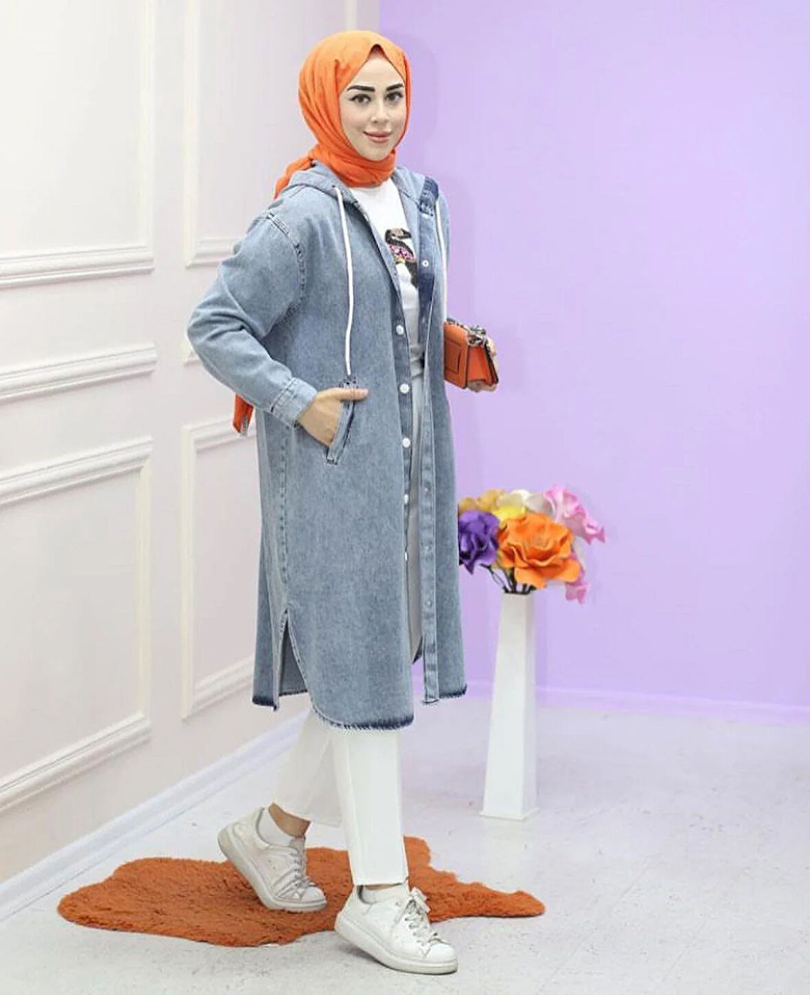 Kadın Düğmeli Kapüşonlu Kot Ceket