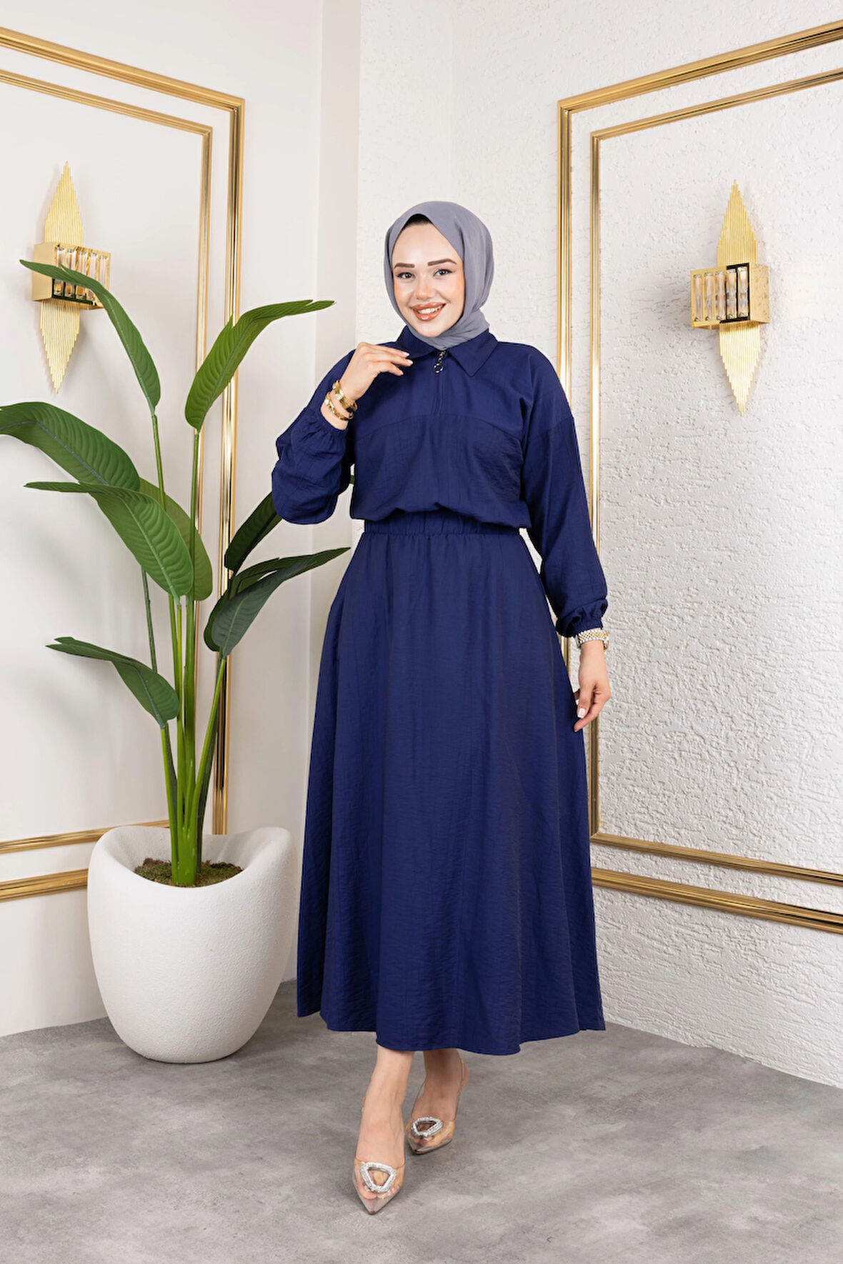 Kadın Fermuar Detaylı Lacivert Çilek Kumaş Takım