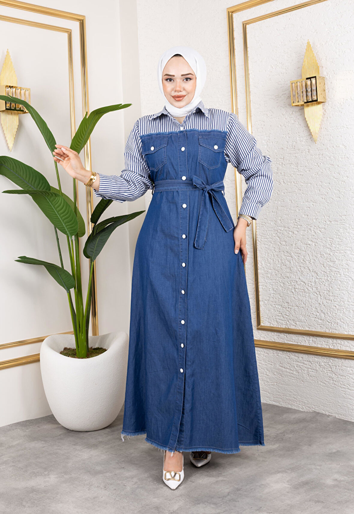 Kadın Kuşaklı Çizgili Kot Elbise