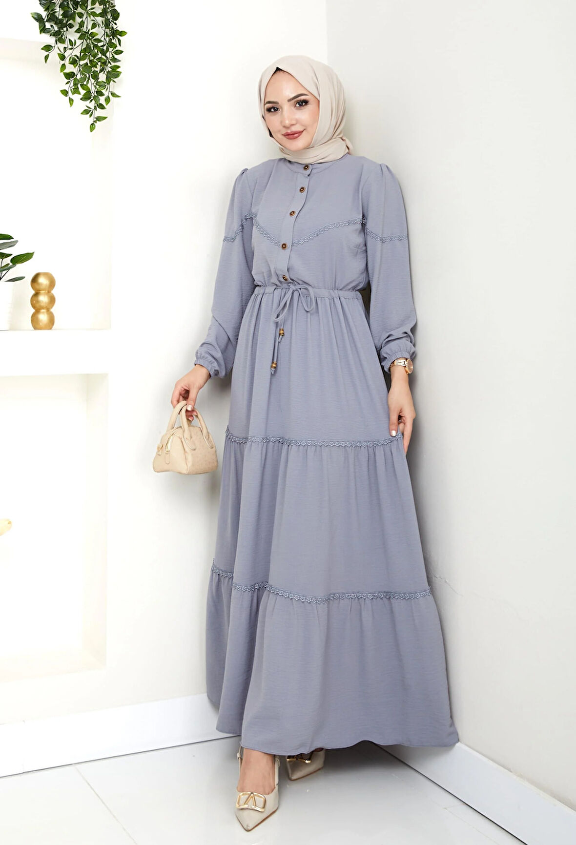 Kadın Dantel Detaylı Bel Bağcıklı Gri Ayrobin Elbise