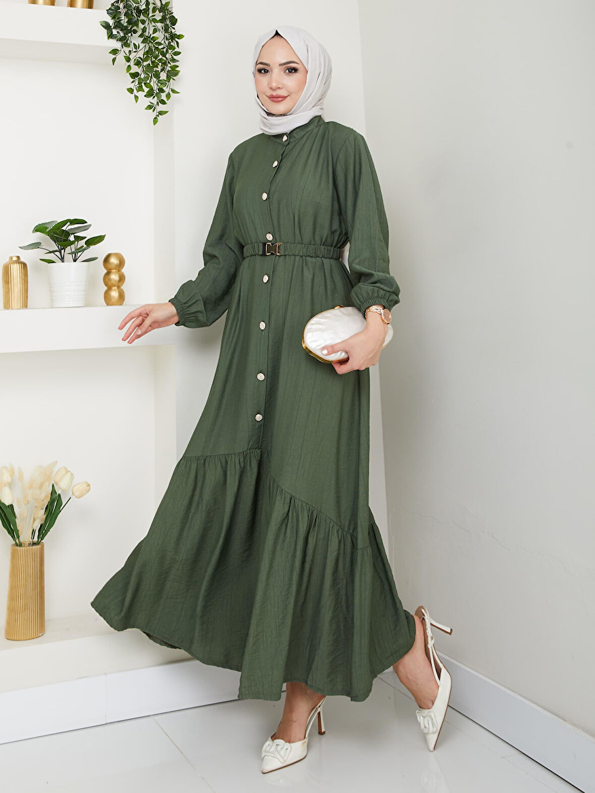 Kadın Beli Kemerli Düğme Detaylı Çilek Kumaş Haki Elbise
