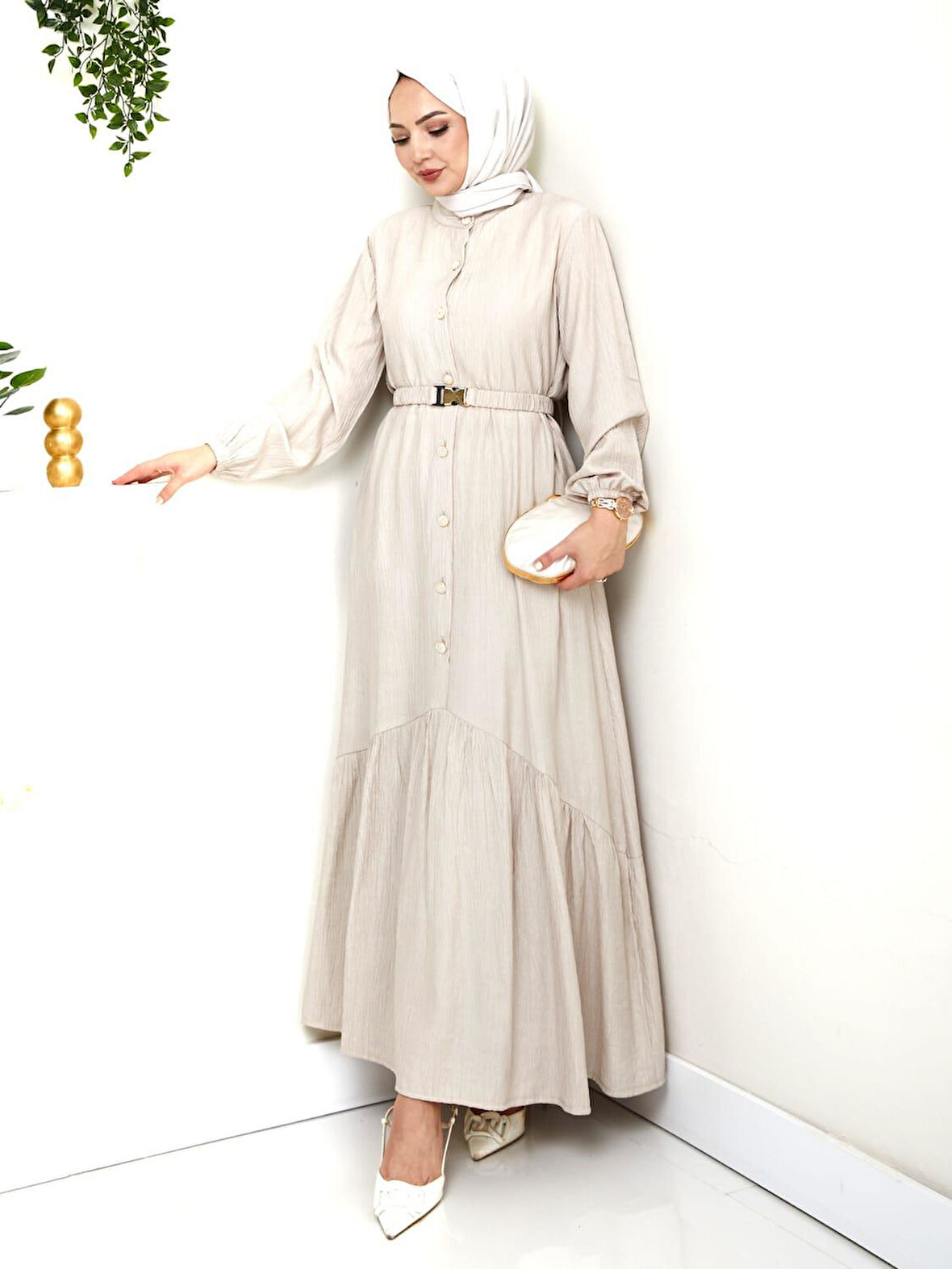 Kadın Beli Kemerli Düğme Detaylı Çilek Kumaş Vizyon Elbise