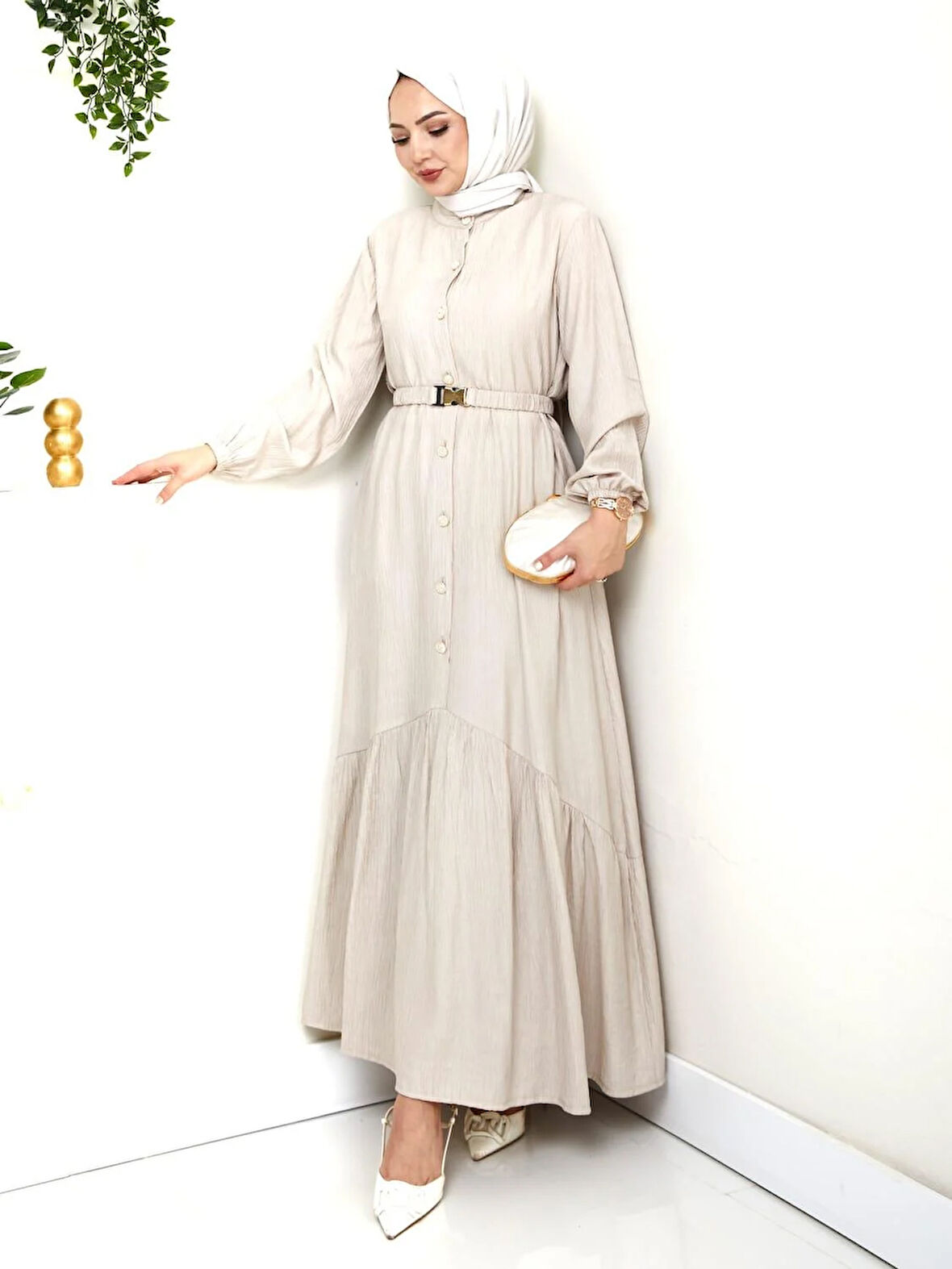 Kadın Beli Kemerli Düğme Detaylı Çilek Kumaş Vizyon Elbise