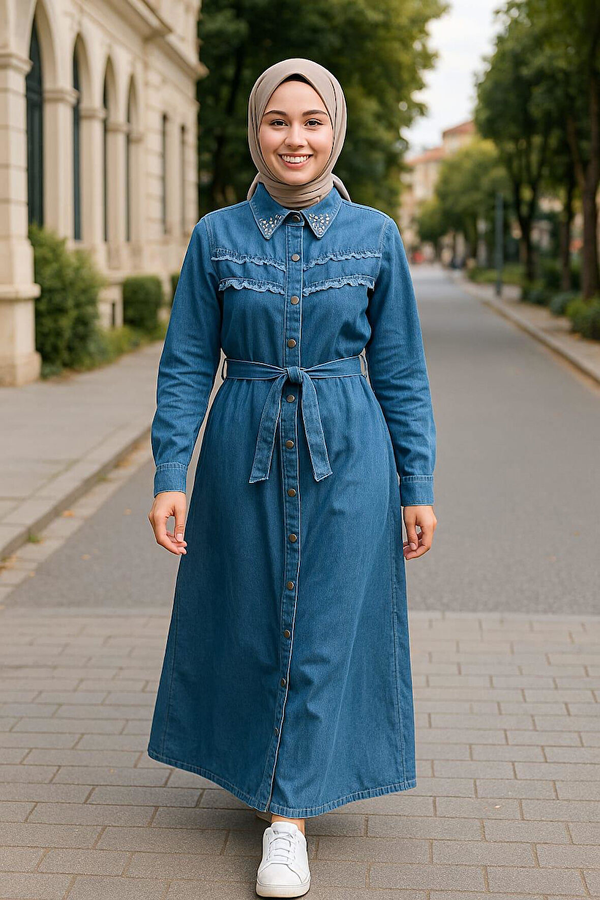 Kadın İnci Detaylı Kuşaklı Kot Mavi Elbise