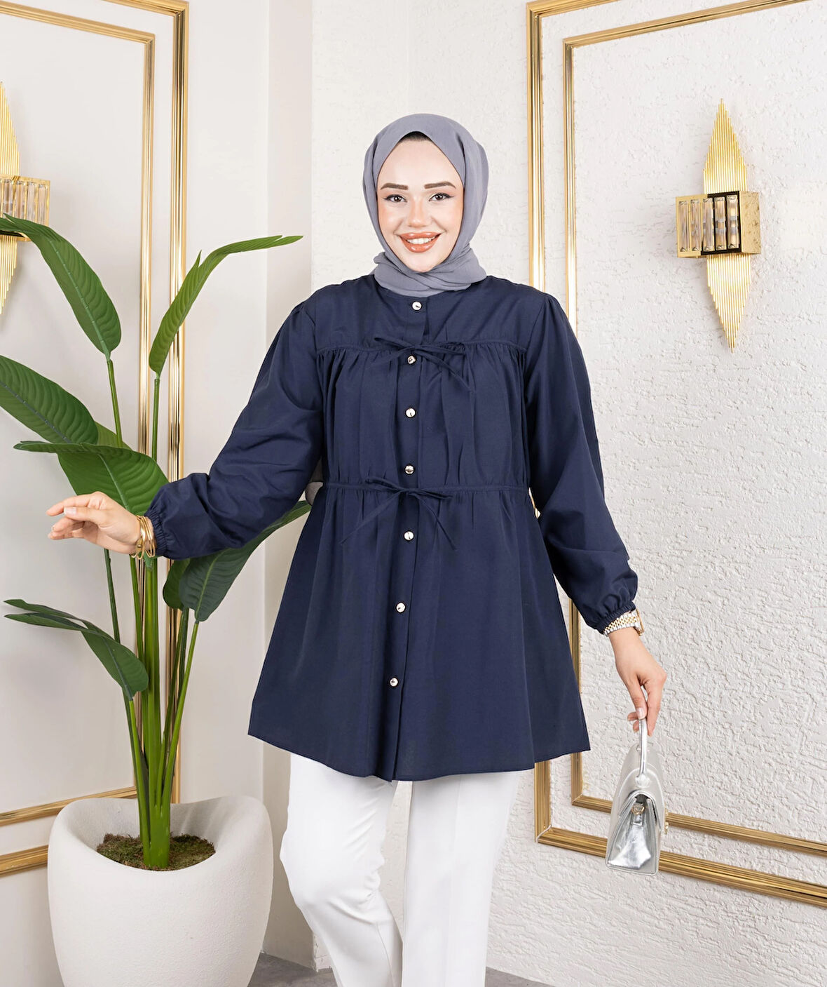 Kadın Düğmeli Bağlamalı Lacivert Gömlek